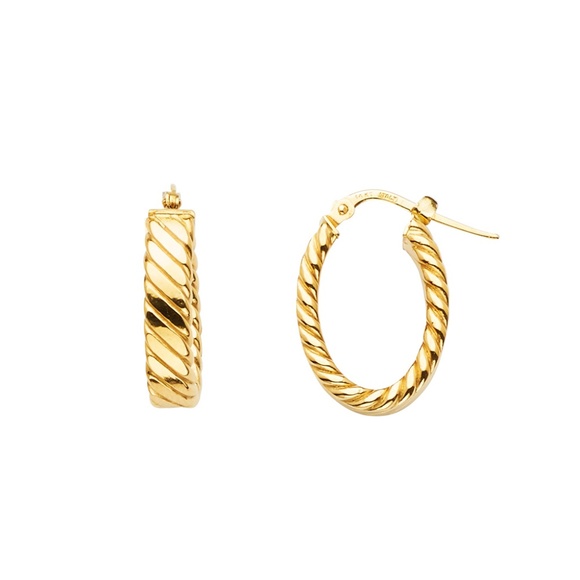 14k Yellow Gold Glitter Oval Round Hoop Earrings